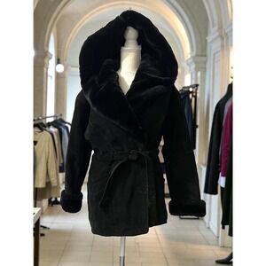 Boundary Waters Black Suede Coat Faux Fur Lined Hooded‎ Belted Parka Size S